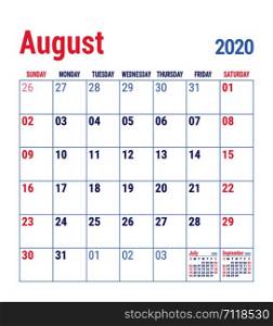 Calendar August 2020. English calender template. Vector grid. Office business planning. Simple design