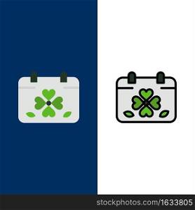 Calendar, Clover, Day, Leaf, Patrick  Icons. Flat and Line Filled Icon Set Vector Blue Background