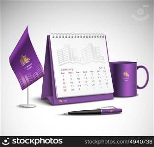 Calendar Corporate Identity Mockup Set. Calendar pen flag and cup corporate identity mockup set of purple color for your design on light background realistic vector illustration