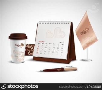 Calendar Corporate Identity Mockup Set . Calendar pen flag and glass corporate identity mockup set with design for coffee shop on light background realistic vector illustration