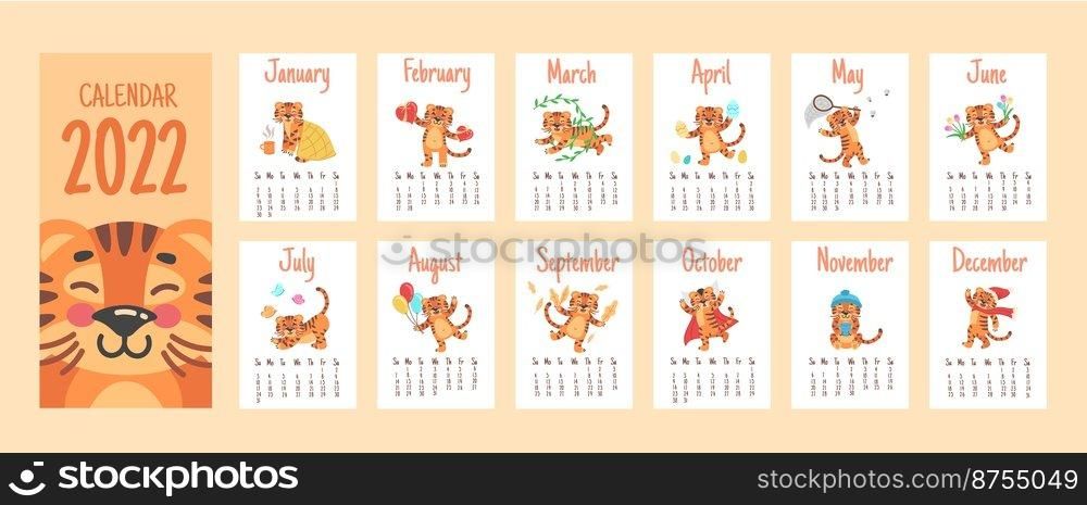 Calendar cute tigers. Chinese new year 2022, month pages with animal characters, winter christmas planner, tiger face, kid schedule, vector illustration. Tiger calendar 2022, happy chinese new year. Calendar cute tigers. Chinese new year 2022, all month pages with animal characters, winter christmas planner, cartoon tiger face, kid childish schedule, decent vector illustration