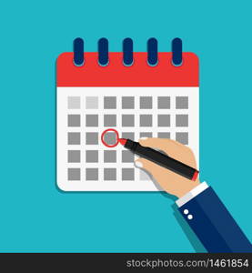 Calendar date circled of hand man. Circled appointment of calendar date of marker. Cartoon check event illustration. Mark holiday on the calendar. Schedule of plan deadline. Flat graphic vector