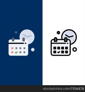 Calendar, Date, Day, Time, Job Icons. Flat and Line Filled Icon Set Vector Blue Background