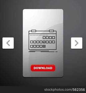 Calendar, date, event, release, schedule Line Icon in Carousal Pagination Slider Design & Red Download Button. Vector EPS10 Abstract Template background