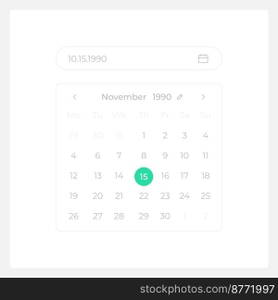 Calendar date selection UI element template. Editable isolated vector dashboard component. Flat user interface. Visual data presentation. Web design widget for mobile application with light theme. Calendar date selection UI element template