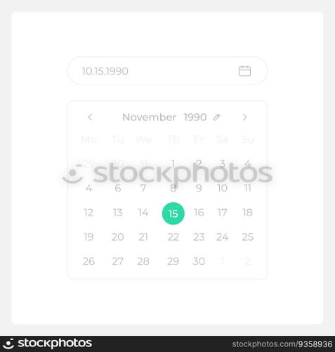 Calendar date selection UI element template. Editable isolated vector dashboard component. Flat user interface. Visual data presentation. Web design widget for mobile application with light theme. Calendar date selection UI element template