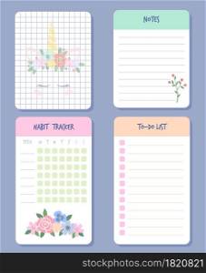 Calendar days organizers. Weekly planner, agenda, reminder and checklist, important date. Colorful paper sheets with leaves flowers and unicorn. Girls notebook or diary template. Vector isolated set. Calendar days organizers. Weekly planner, agenda, reminder and checklist, important date. Colorful paper sheets with flowers and unicorn. Girls notebook or diary template. Vector isolated set