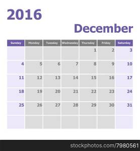 Calendar December 2016 week starts from Sunday, stock vector