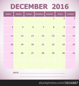 Calendar December 2016 week starts Sunday, stock vector