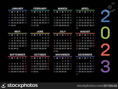 Calendar design 2023. English colorful vector wall or pocket calender template.