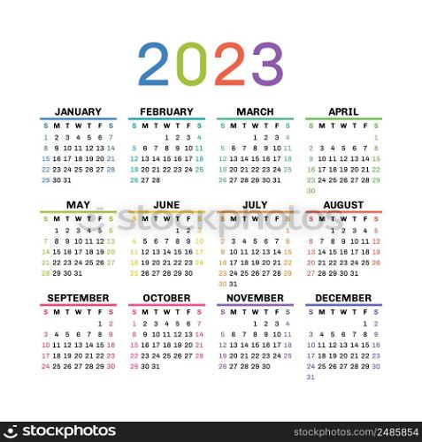 Calendar design 2023 year. English colorful vector square wall or pocket calender template. New year. Week starts on Sunday