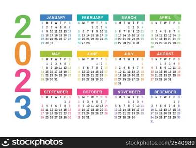 Calendar design 2023 year. English colorful vector wall or pocket calender template.. Calendar design 2023 year. English colorful vector wall or pocket calender template