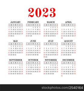 Calendar design 2023 year. English vector square wall or pocket calender template. New year. Week starts on Sunday. Red and black.. Calendar design 2023 year. English vector square wall or pocket calender template. New year. Week starts on Sunday. Red and black