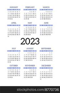 Calendar design 2023 year. English vector  wall or pocket calender template 