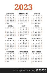 Calendar design 2023 year. English vector  wall or pocket calender template