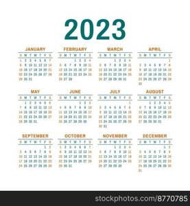 Calendar design 2023 year. English vector  wall or pocket calender template. 2023; calendar; design; template; vector; sunday; calendar 2023; year; month; week; monthly; calender 2023; diary; wall; english; calender; January; February; March; April; May; June; July; August; September; October; November; December; 