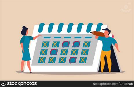 Calendar event plan and organize office management. Planning scheduling and control deadline vector illustration concept. Organization project and reminder notes. Business day worker meeting