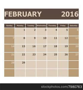 Calendar February 2016, week starts from Sunday, stock vector