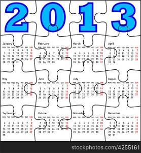 calendar for 2013, jigsaw puzzle. Vector Illustration.
