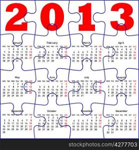 calendar for 2013, jigsaw puzzle. Vector Illustration.
