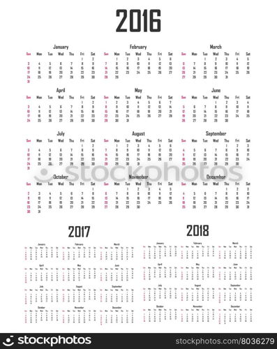 Calendar for 2016, 2017 and 2018. Week starts on Sunday.