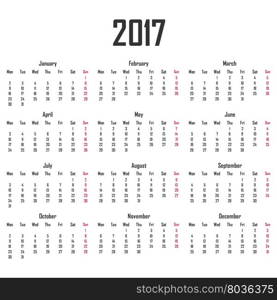 Calendar for 2017. Week starts on Monday.. Calendar for 2017. Week starts on Monday