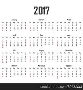 Calendar for 2017. Week starts on Sunday.. Calendar for 2017. Week starts on Sunday