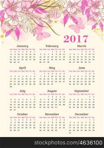 Calendar for 2017 year. Abstract background with pink watercolor blots, flowers and butterflies.