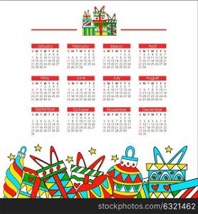 Calendar for 2018. Colorful Christmas decorations.