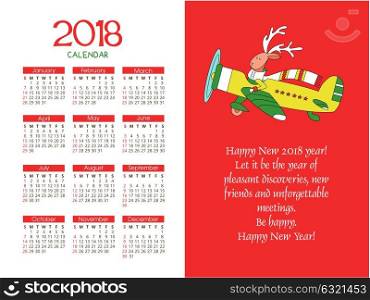 Calendar for 2018. Reindeer&rsquo;s flying the plane. Cute vector illustration with wishes for a happy New year.
