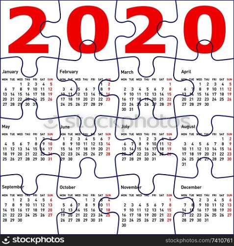 Calendar for 2020, jigsaw puzzle texture background.. Calendar for 2020, jigsaw puzzle texture background