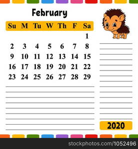 Calendar for 2020 with a cute character. Fun and bright design. Isolated vector illustration. Cartoon style.