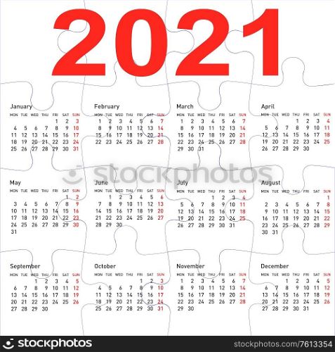Calendar for 2021, jigsaw puzzle texture background.. Calendar for 2021, jigsaw puzzle texture background