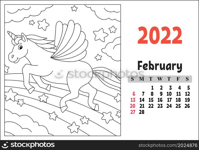 Calendar for 2022 with a cute character. Fairy unicorn. Coloring page. Fun and bright design. Isolated color vector illustration. cartoon style.