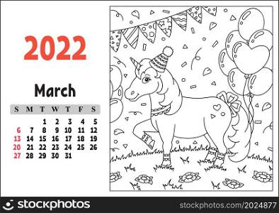 Calendar for 2022 with a cute character. Fairy unicorn. Coloring page. Fun and bright design. Isolated color vector illustration. cartoon style.