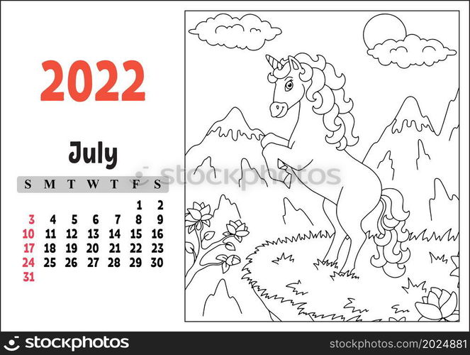 Calendar for 2022 with a cute character. Fairy unicorn. Coloring page. Fun and bright design. Isolated color vector illustration. cartoon style.