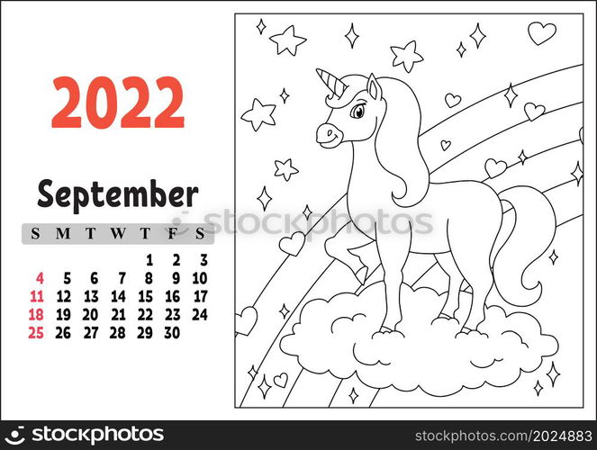 Calendar for 2022 with a cute character. Fairy unicorn. Coloring page. Fun and bright design. Isolated color vector illustration. cartoon style.