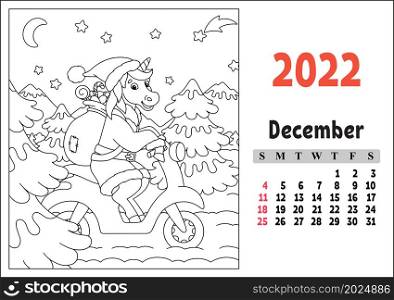 Calendar for 2022 with a cute character. Fairy unicorn. Coloring page. Fun and bright design. Isolated color vector illustration. cartoon style.