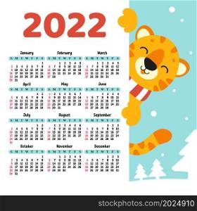 Calendar for 2022 with a cute tiger symbol of the new year. Fun and bright design. Isolated color vector illustration. cartoon style.