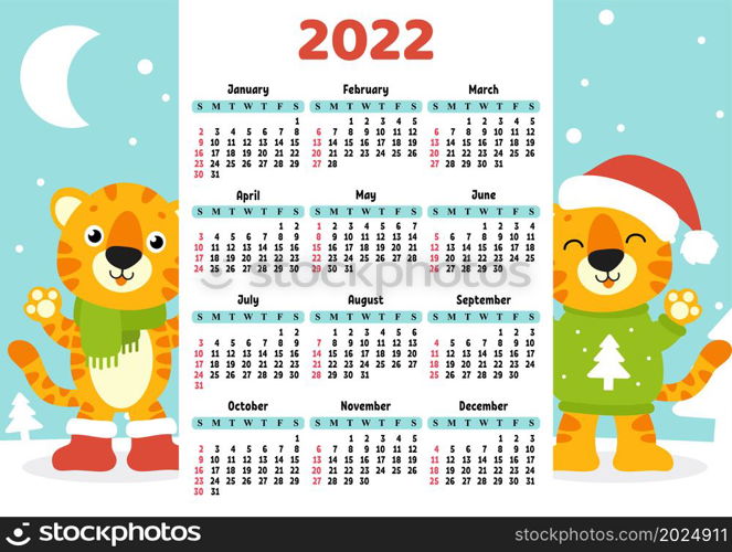 Calendar for 2022 with a cute tiger symbol of the new year. Fun and bright design. Isolated color vector illustration. cartoon style.