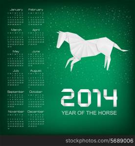 Calendar for the year 2014. Origami horse. Vector.