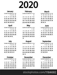 Calendar for the year 2020 on white background. Calendar for the year 2020 on white