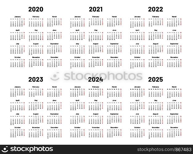 Calendar grid. 2020 2021 and 2022 yearly calendars. 2023, 2024 years organizer and 2025 year weekdays. Business planner, day graphic planning calendar isolated vector illustration set. Calendar grid. 2020 2021 and 2022 yearly calendars. 2023, 2024 years organizer and 2025 year weekdays vector illustration set