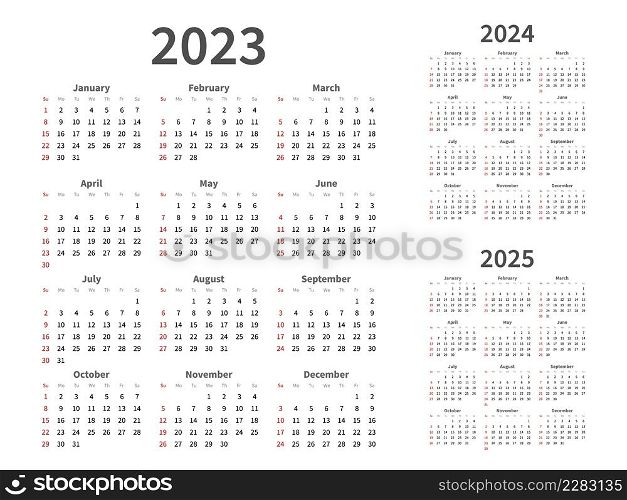 Calendar grid. 2023, 2024, 2025 years graphic planning. Simple minimal white design. Date numbers. Month diary page. Vertical weeks organizer on Sunday to Sabbath. Vector annual monthly planners set. Calendar grid. 2023, 2024, 2025 years graphic planning. Simple minimal design. Date numbers. Month diary. Vertical weeks organizer on Sunday to Sabbath. Vector annual monthly planners set