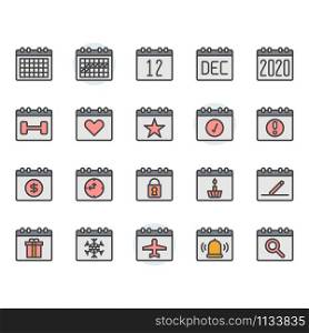 Calendar icon and symbol set in color outline design
