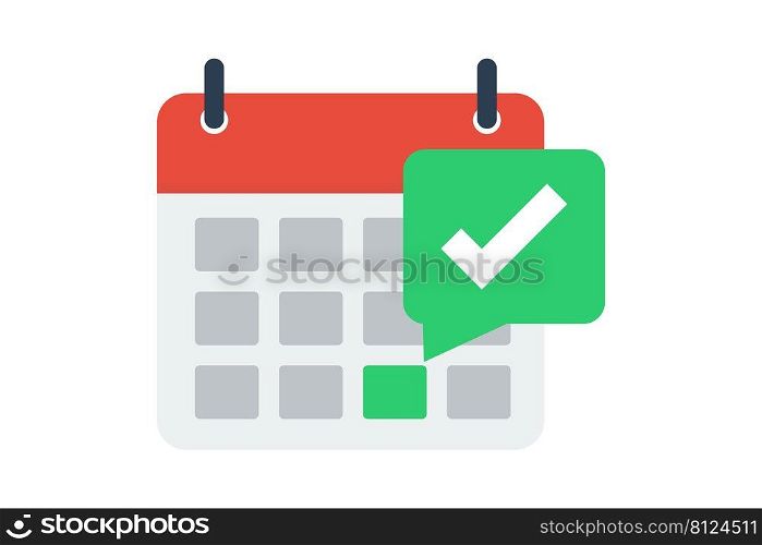 Calendar icon with check mark. Success, approve, complete, goal concept.
