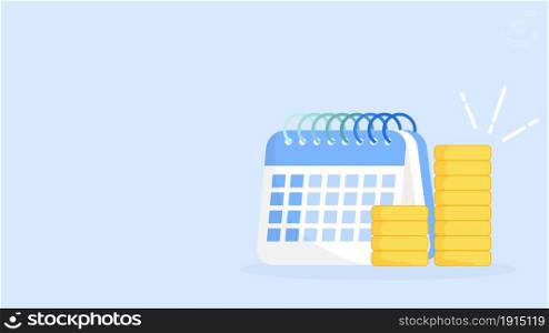 Calendar icon with coins vector illustration isolated on blue background. Saving, investment in future or save money or open a bank deposit concept. Flat style objects. Copy space for design or text.