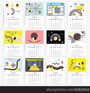 Calendar in Memphis Style. Set of colorful 2017 year calendars in memphis style with wavy lines and geometric figures isolated vector illustration