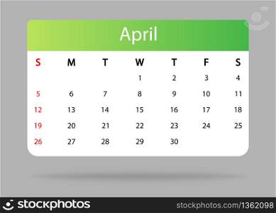 Calendar isolated icon. April of 2020 vector month planner. Template of calendar grid in modern style with office diary page. Vector EPS 10
