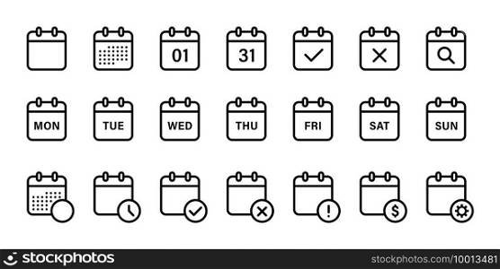 Calendar isolated line icons. Collection of line calendar organizer icons. Web icons organizer signs, symbols. Stock vector collection. EPS 10
